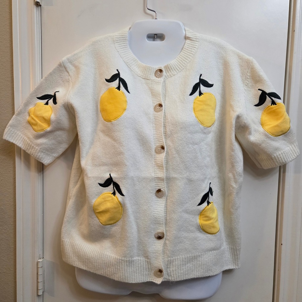 Lemon Patch Short Sleeve Cardigan Cream Knit Button Up Sweater Large